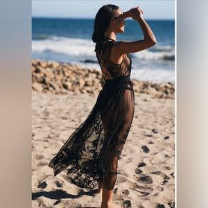 🆕 Anthropologie Black Sheer Embroidered Mesh Maxi Dress Resort wear cover-up